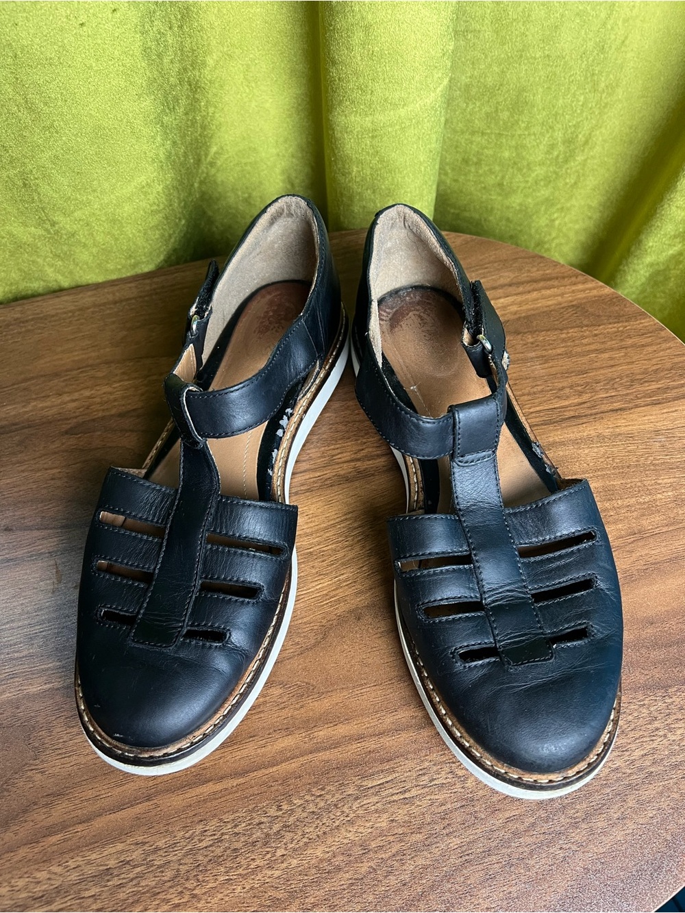Clarks Glick Delta Black Leather Cage T-Bar Sandals
